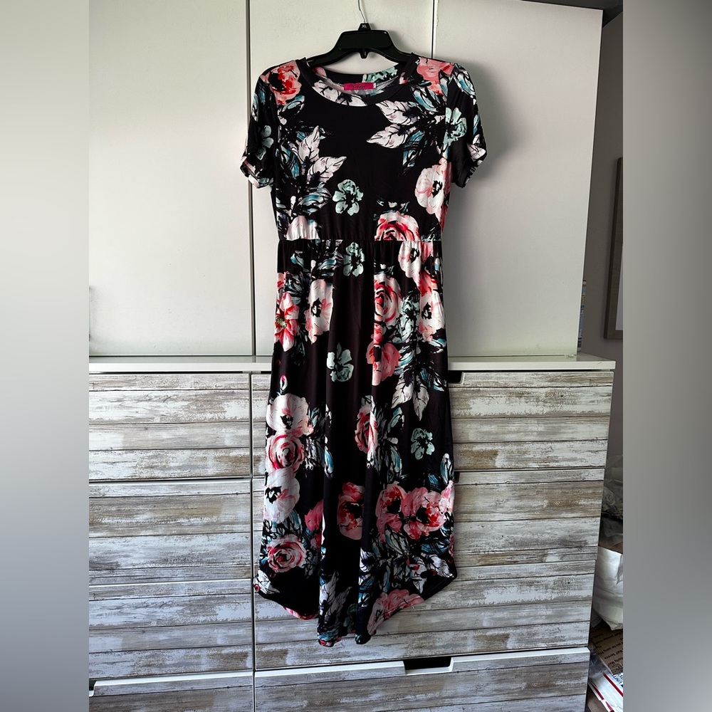 🌸 Ruiyige Black Floral Midi Dress Pink Roses Flutter Sleeve M